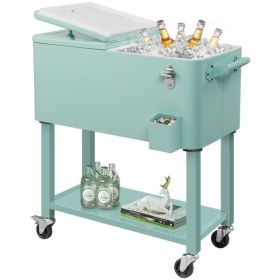 80 Quart Rolling Ice Chest, Portable Bar Drink Cooler with Catch Basin, Bottom Storage Tray and Bottle Opener for Patio Party BBQ Beach Activities